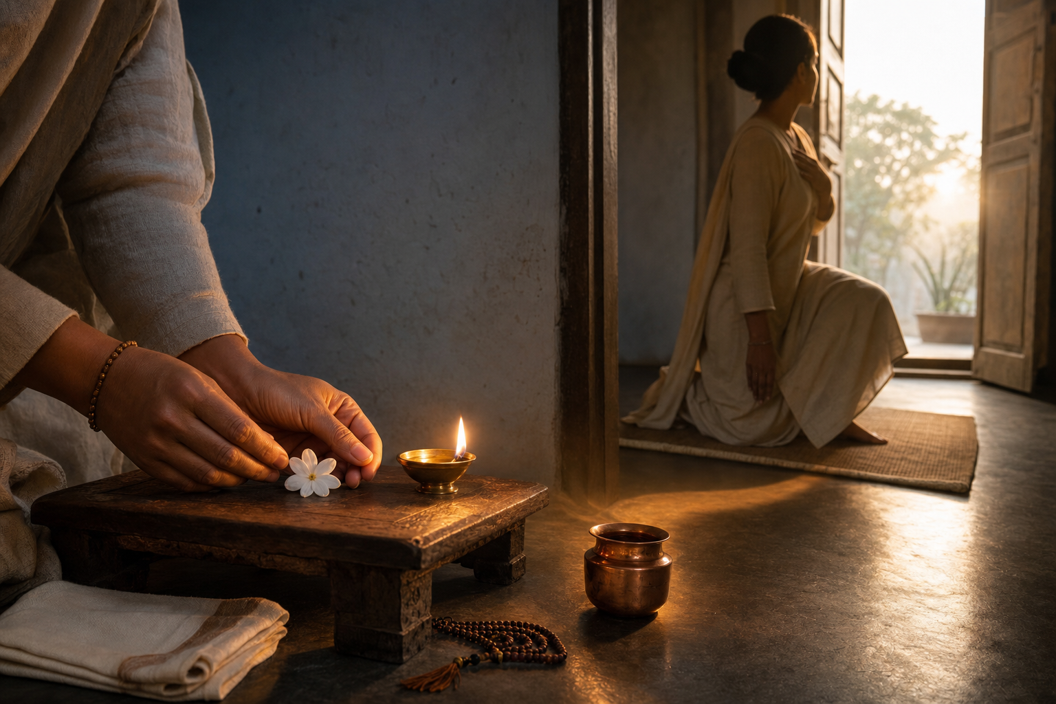 A person places a jasmine flower beside a brass lamp and then rises from the home altar with a hand over the heart.