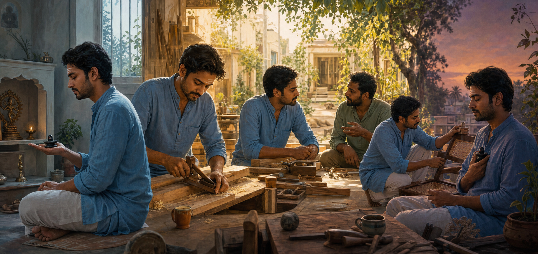 A panoramic scene follows one devotee from dawn Ishta-linga worship through attentive work and helping a colleague to quiet evening contemplation.