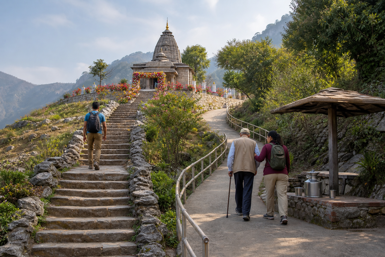 Pilgrims use a stone stairway and a gentler handrailed path that lead to the same hillside temple courtyard.