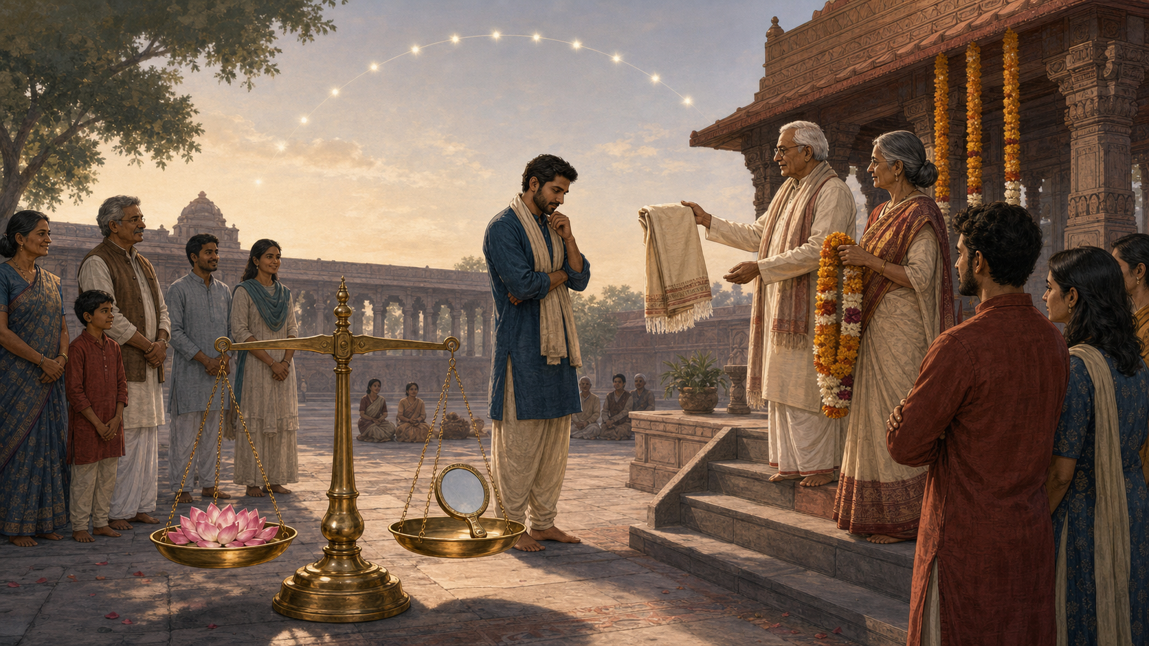 A person pauses before a community dais while a group offers a ceremonial shawl and garland, with a brass balance holding lotus petals and a mirror nearby.