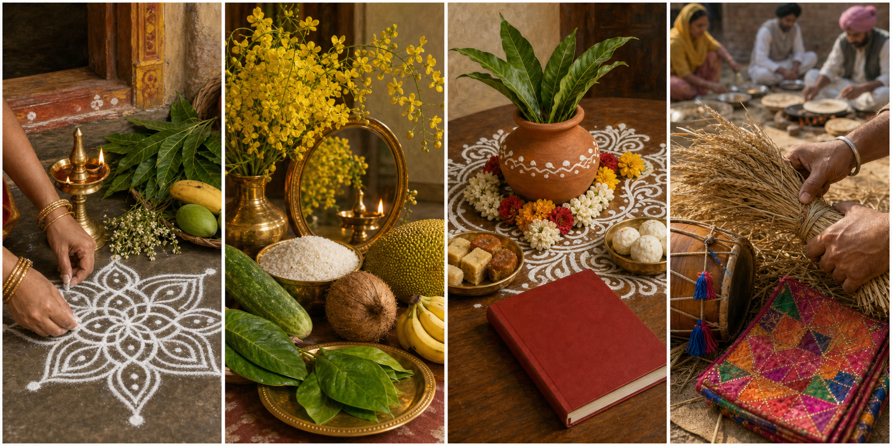 Four separate panels show a Tamil kolam, a Kerala Vishukkani display, a Bengali New Year table, and Punjab wheat prepared beside a dhol.