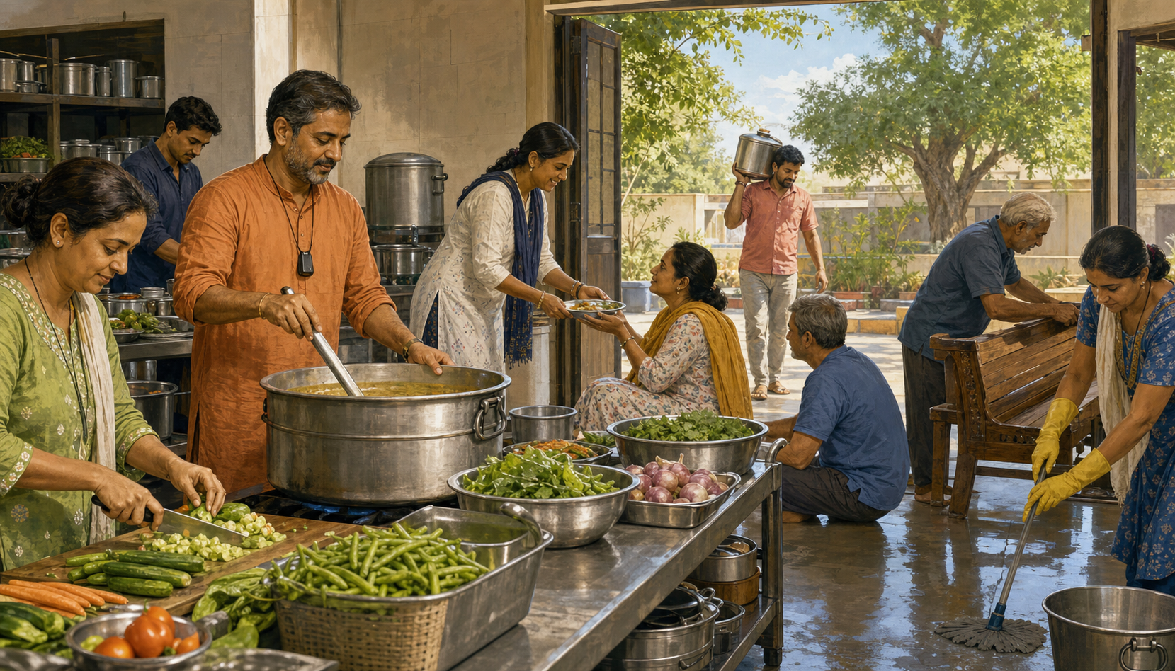 Adults cook, serve food, carry water, repair furniture, and clean together in a sunlit community kitchen and courtyard.