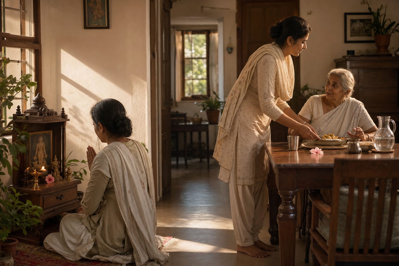 A devotee moves from morning worship at a home altar to serving a meal and listening to an older family member.