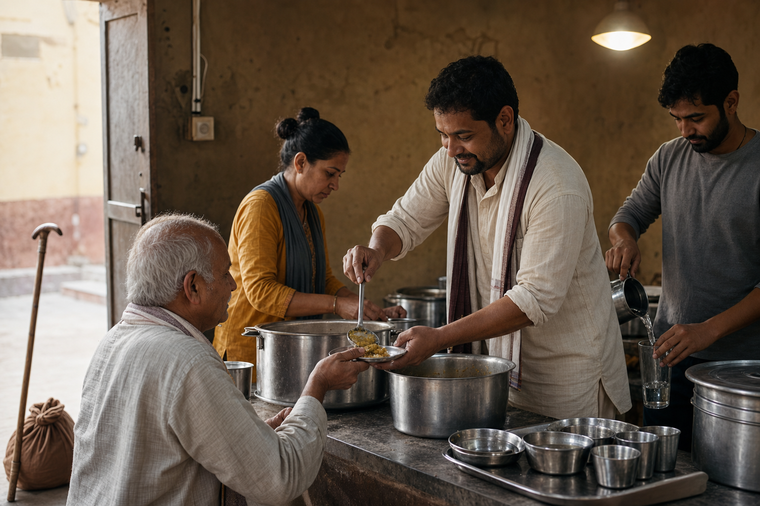 A volunteer serves a meal to an older guest in a community kitchen while other volunteers prepare food and water.