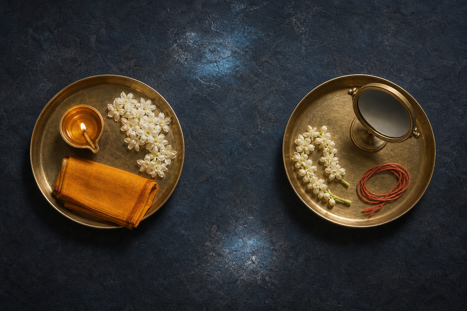 Two separate brass trays sit on a dark stone table, one holding an oil lamp and flowers and the other holding a mirror, loose garland, and thread.