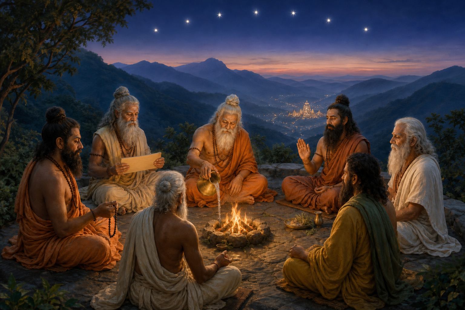 Seven individually depicted sages sit around a small ritual fire above the Tirumala hills beneath an arc of seven stars.