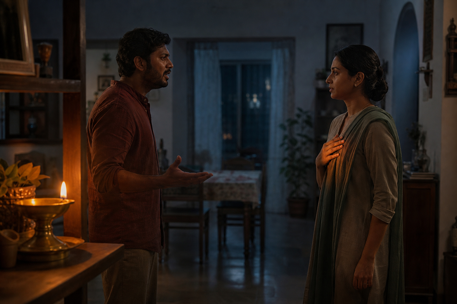 One person pauses with an open hand during a tense conversation while a steady brass oil lamp burns nearby.