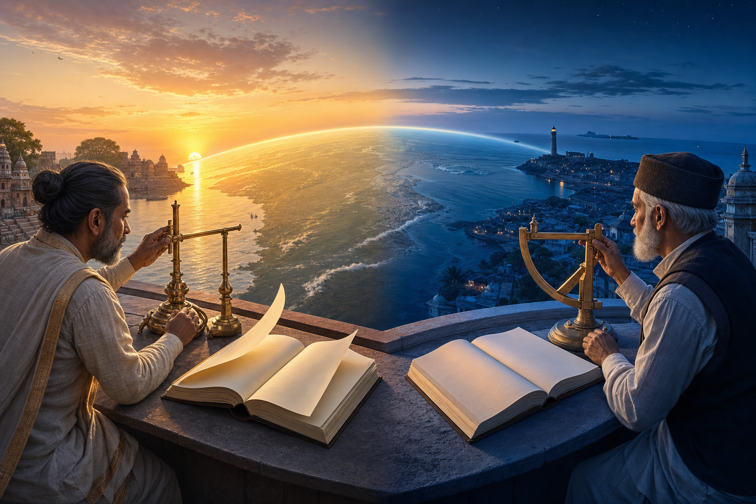 Two observers in eastern and western locations use separate almanacs and brass instruments as sunrise reaches their horizons at different times.