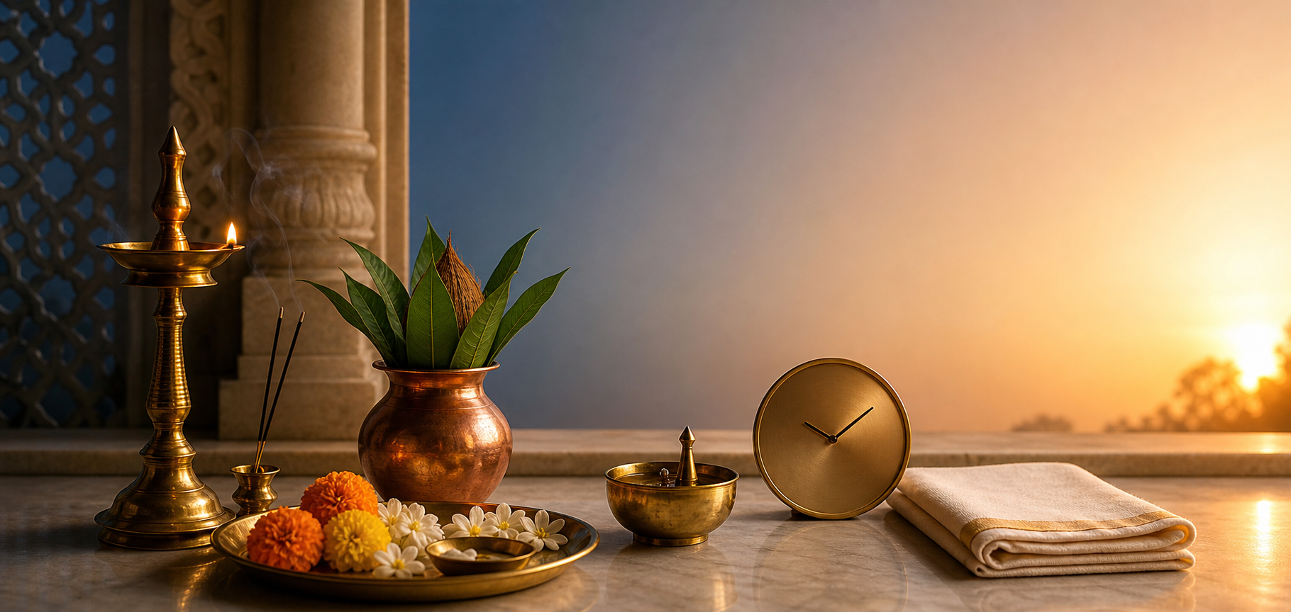 Brass puja lamp, copper vessel, flowers, incense, and offerings arranged on a stone platform in soft dawn light.