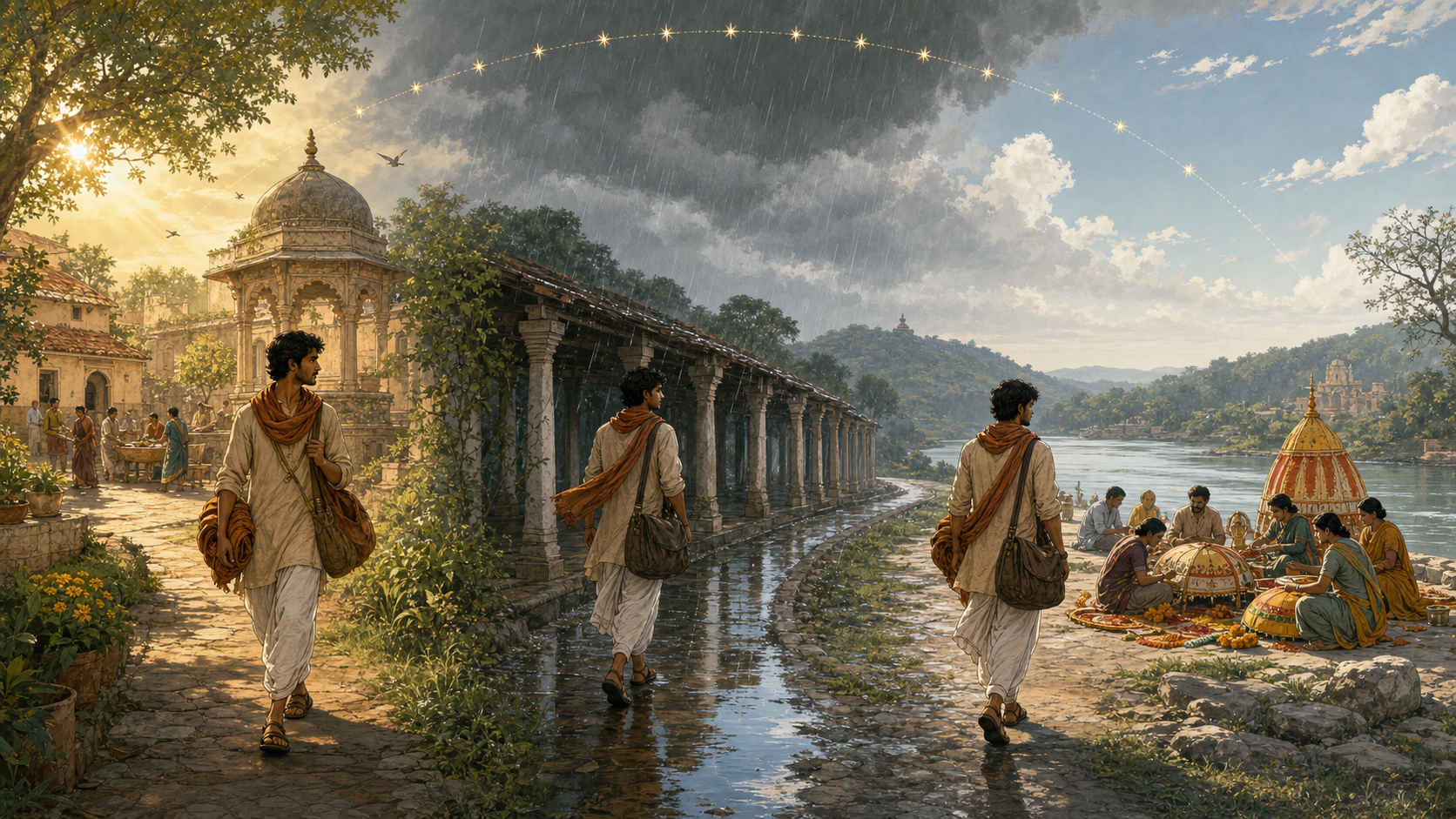 The same traveler follows a curved path from a sunny courtyard through a monsoon colonnade to a clear riverside community gathering.