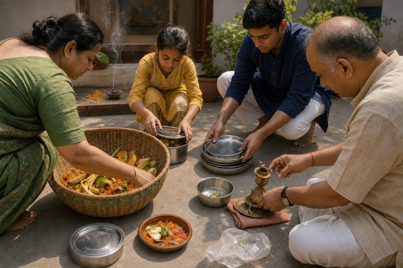 Family members sort flower petals, food scraps, reusable steel plates, plastic packaging, and a cracked brass lamp in a courtyard after a puja and meal.