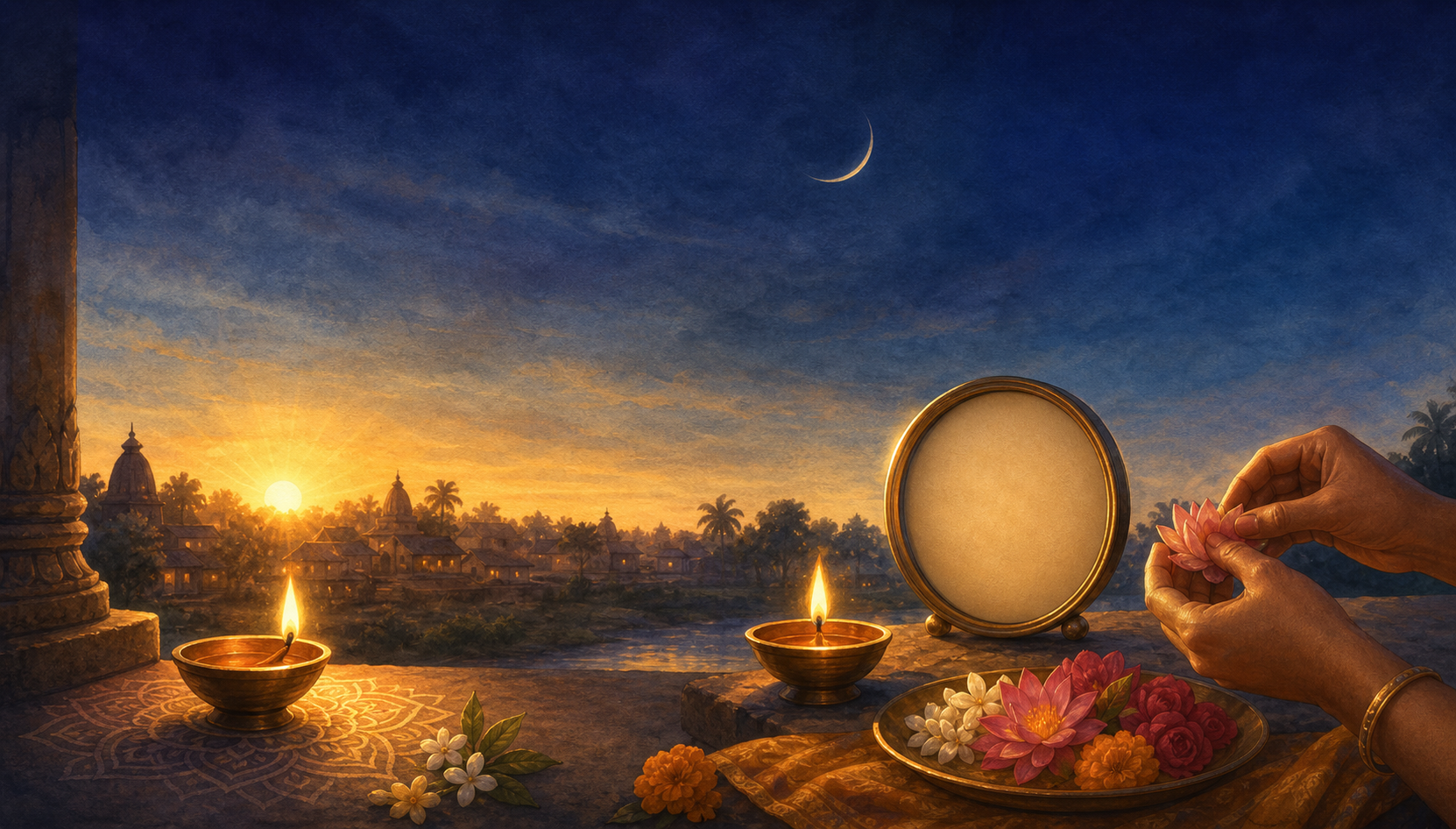 Illustration pairing sunrise over a village with hands preparing a flower offering beside an unmarked timepiece.