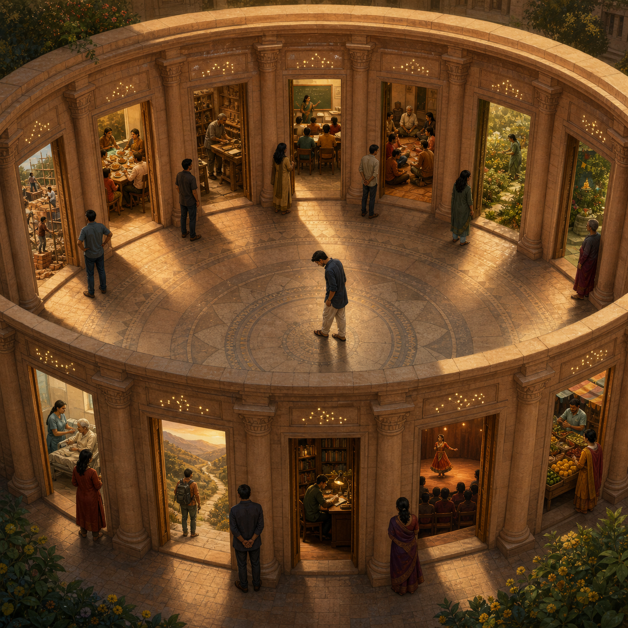 People consider twelve open doorways around a circular sandstone courtyard, with each doorway revealing a different setting for work, family, study, service, or community life.