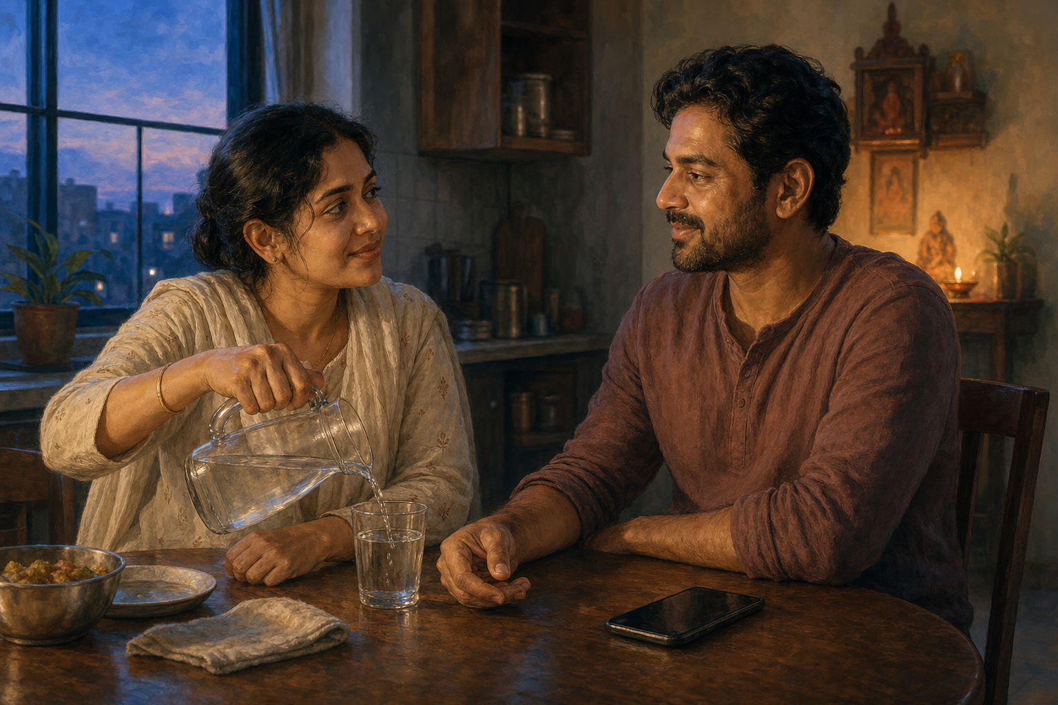 Two people sit calmly at a kitchen table as one pours water for the other, with a small puja shelf in the background.