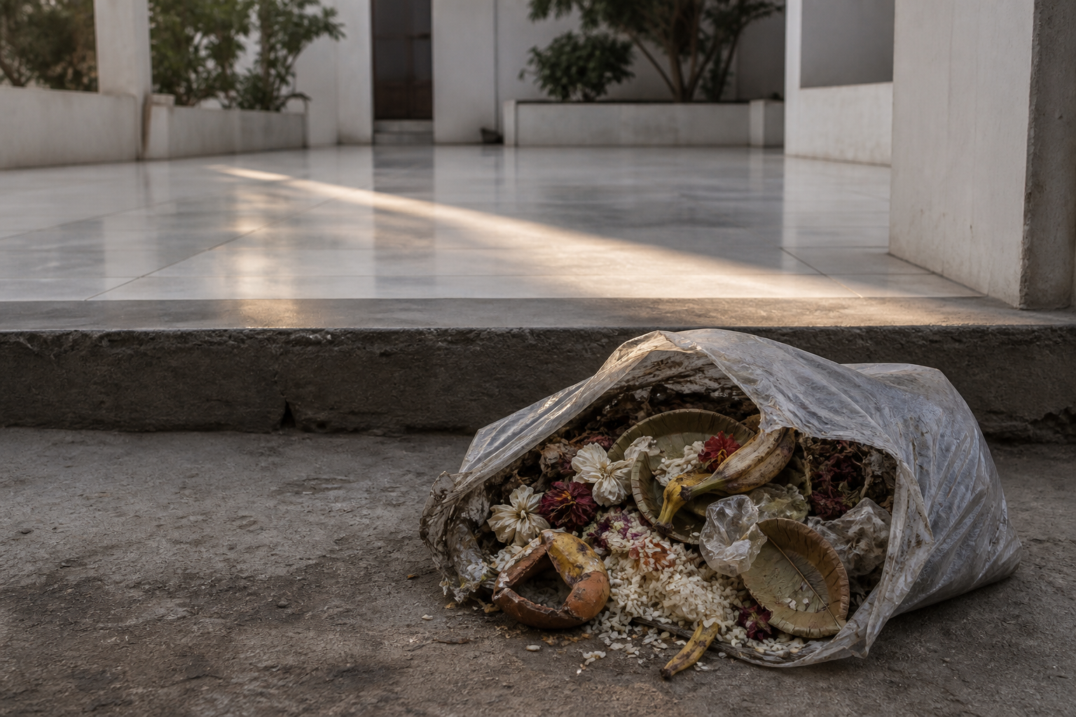 A torn mixed-waste bag containing flowers, food scraps, a broken clay lamp, leaf plates, and plastic wrappers lies outside a freshly swept courtyard.