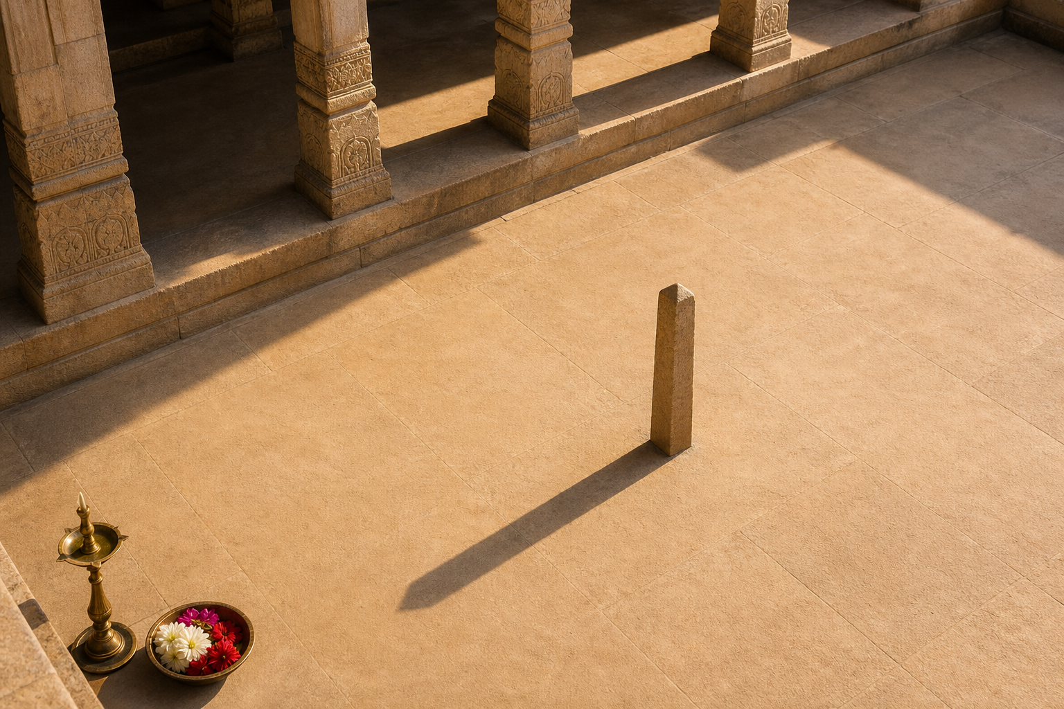 Stone gnomon casting a long morning shadow across a sunlit temple courtyard beside a brass lamp and flowers.
