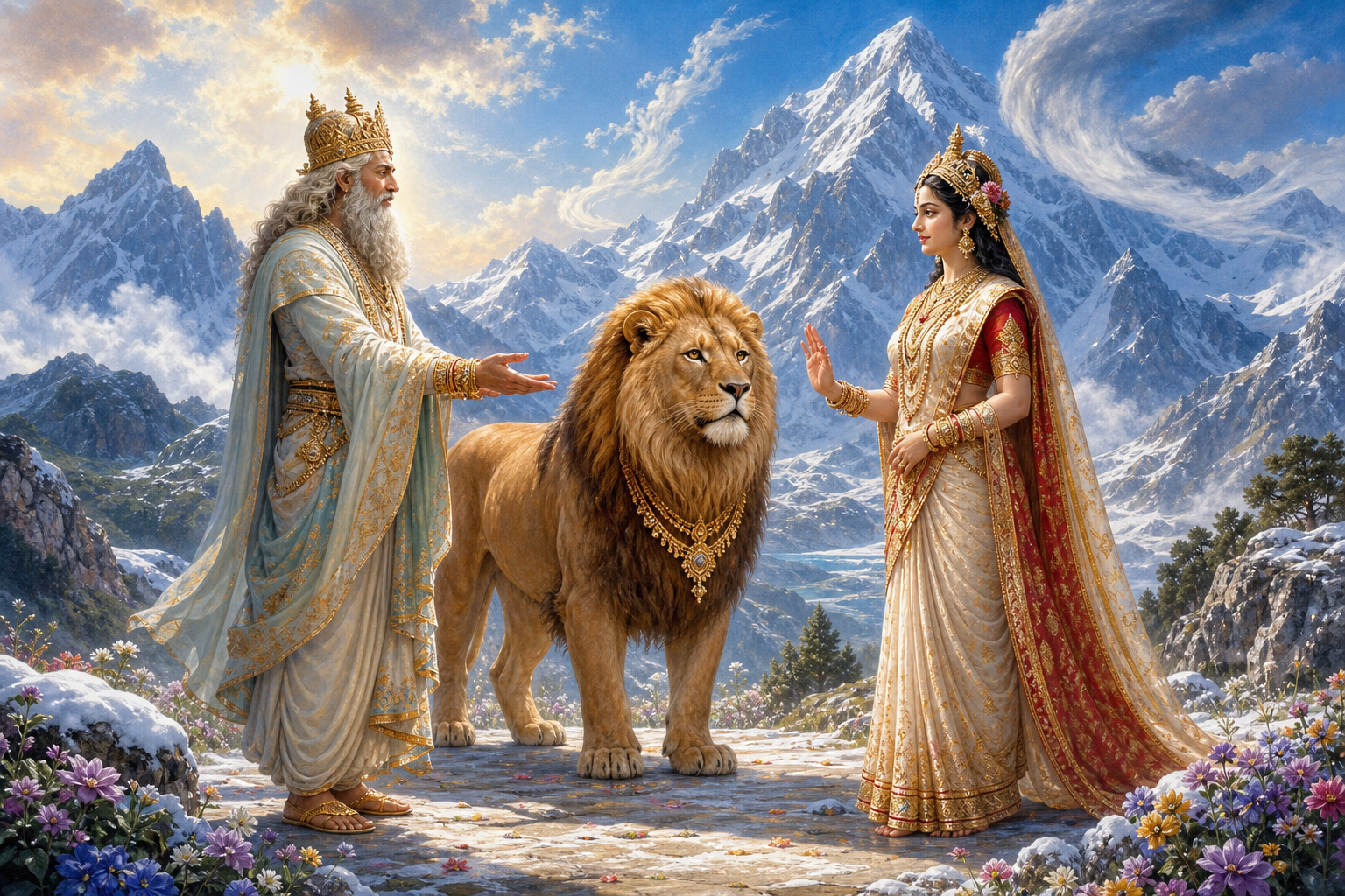 On a Himalayan plateau, Himavan presents a calm lion to Parvati amid snowy peaks and alpine flowers.