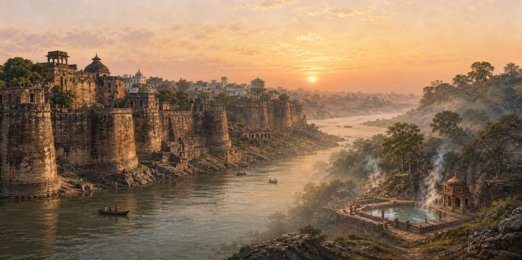 Panoramic editorial illustration of the Ganga, the stone ramparts of Monghyr Fort, and a separate view of pilgrims beside the Sitakund hot spring at dawn.