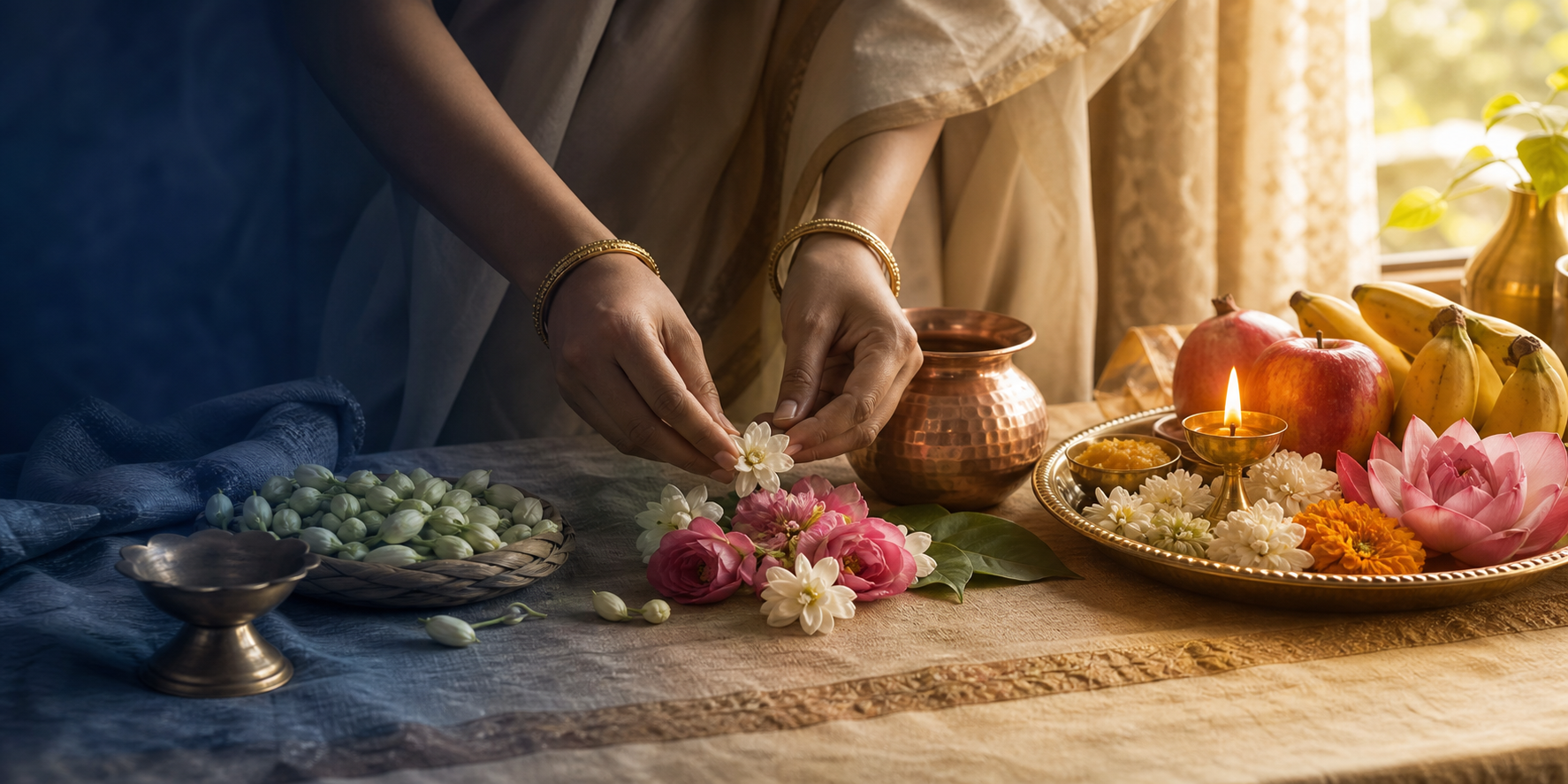 Puja preparations progressing from an unlit lamp and flower buds to a lit lamp and completed offering plate.