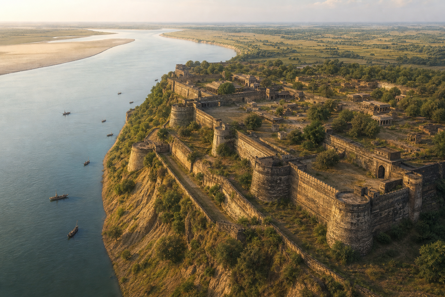 Elevated reconstruction of Monghyr Fort beside a broad bend of the Ganga, with bastions overlooking boats, sandbanks, and the floodplain.