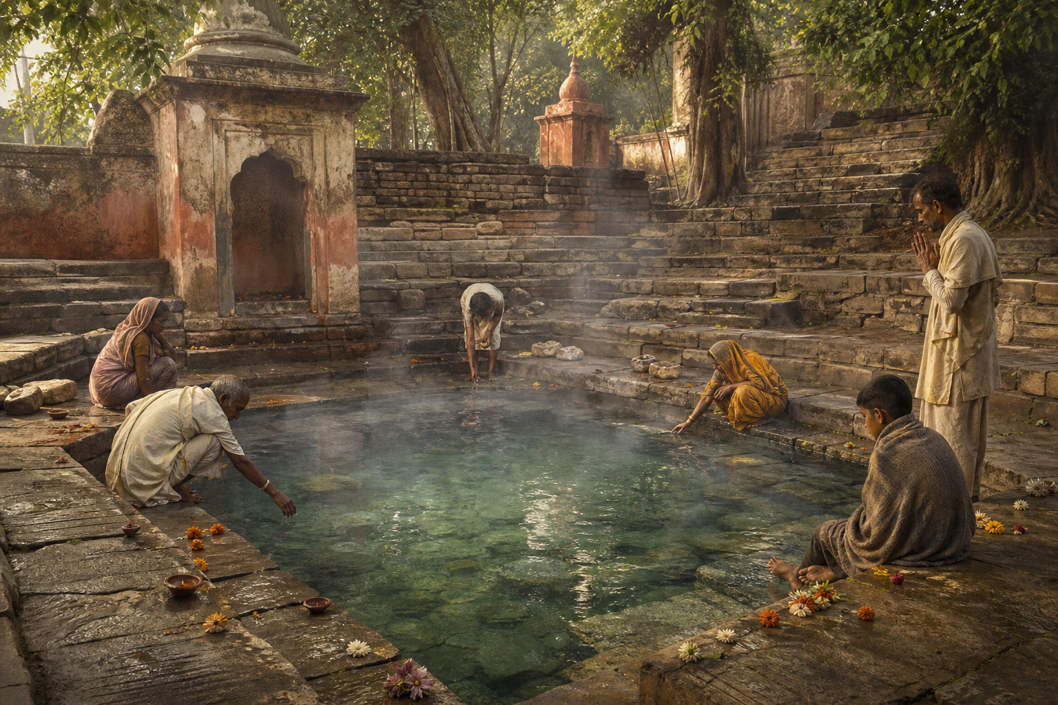 Pilgrims gather beside the steaming, stone-edged water of Sitakund amid temple structures, trees, flowers, and clay lamps.