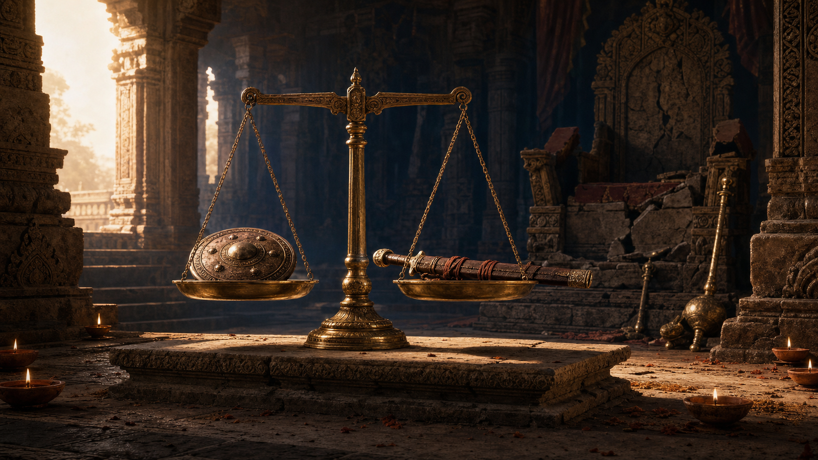 A brass balance holding a round shield and a sheathed sword stands in an empty, shadowed pillared court.