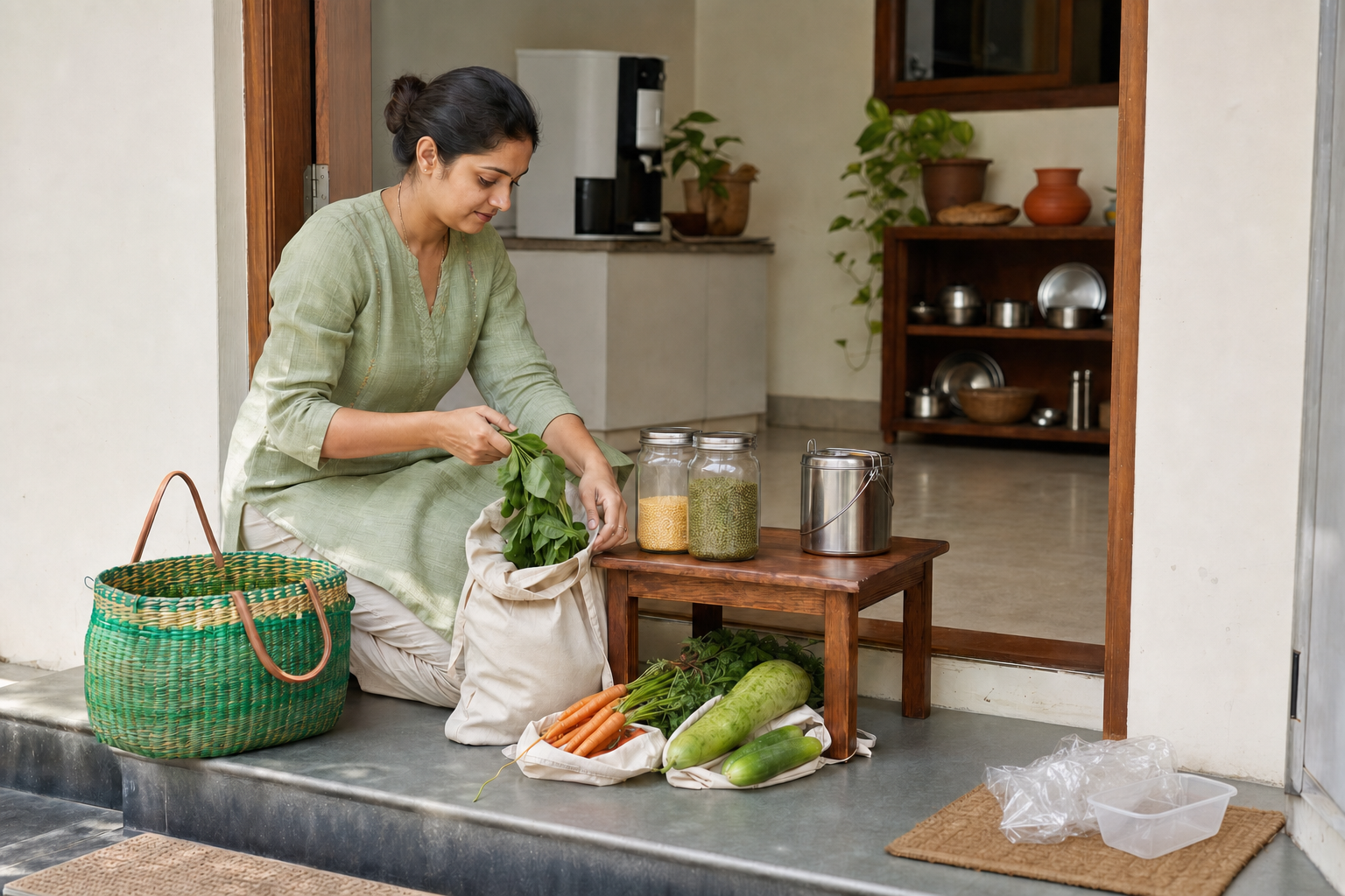A person unpacks vegetables, refill jars, cloth bags, and reusable containers at a household entrance while separating a small amount of plastic packaging.