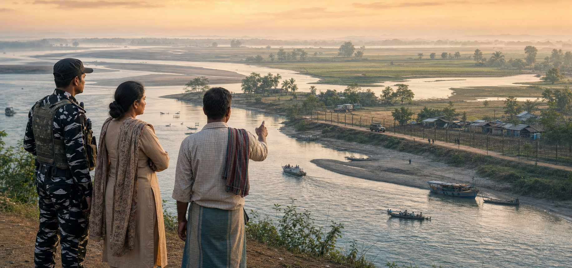 A security officer, district administrator, and local boatman observe a river, farmland, boats, and a distant border crossing at dawn.