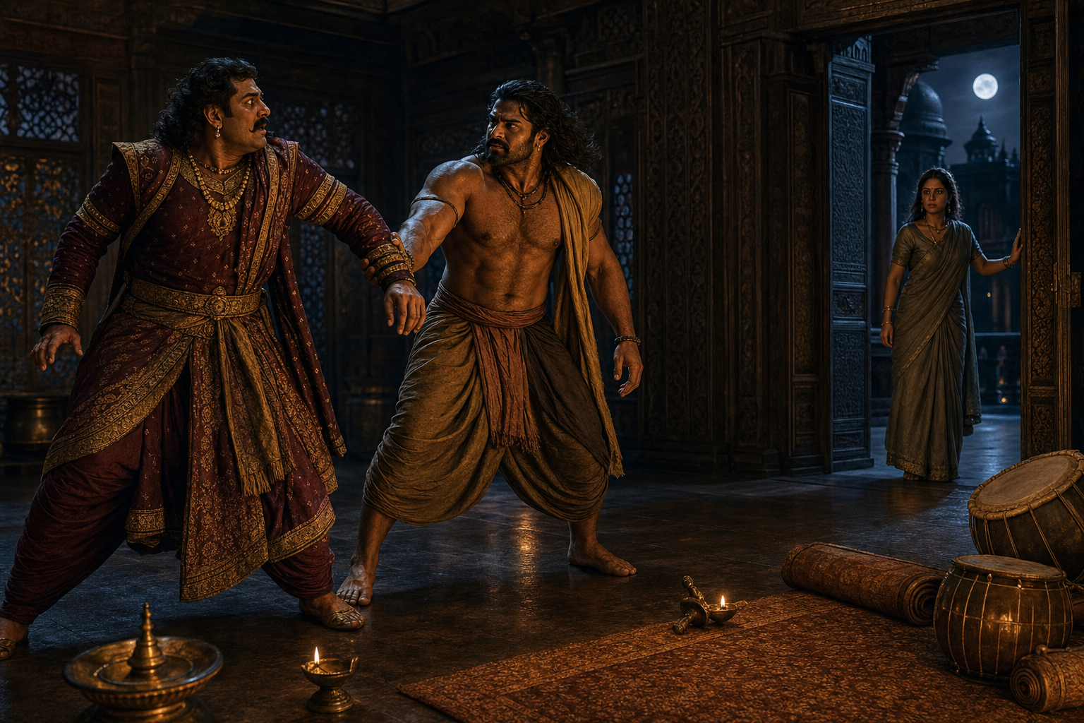 Bhima blocks Kichaka in a dim palace dance hall while Draupadi watches from a moonlit doorway.