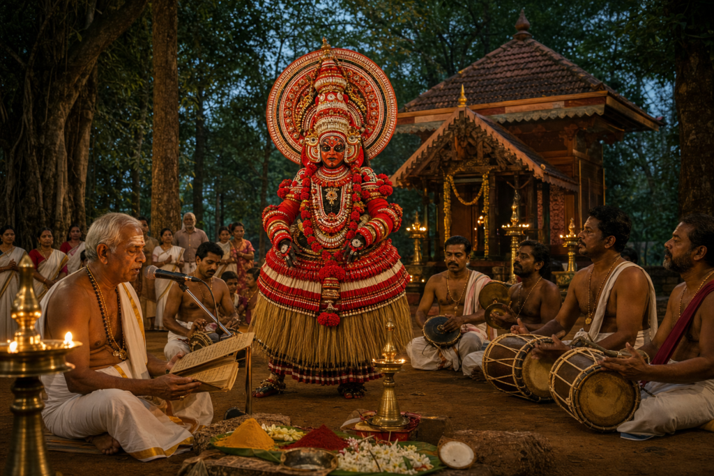 Theyyam-inspired Bhadrakali performer at a Kerala temple ritual with singers, drummers, and oil lamps at dusk