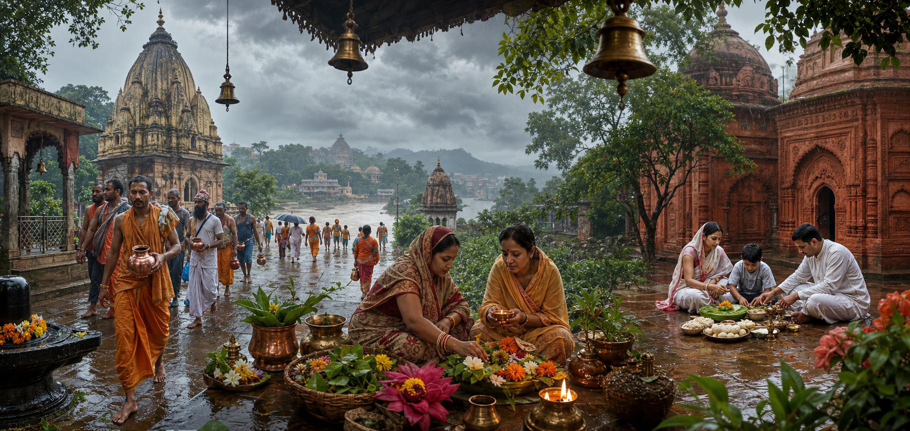 A panoramic mosaic shows devotees preparing offerings, carrying water vessels and worshipping at varied regional temple settings during the monsoon.