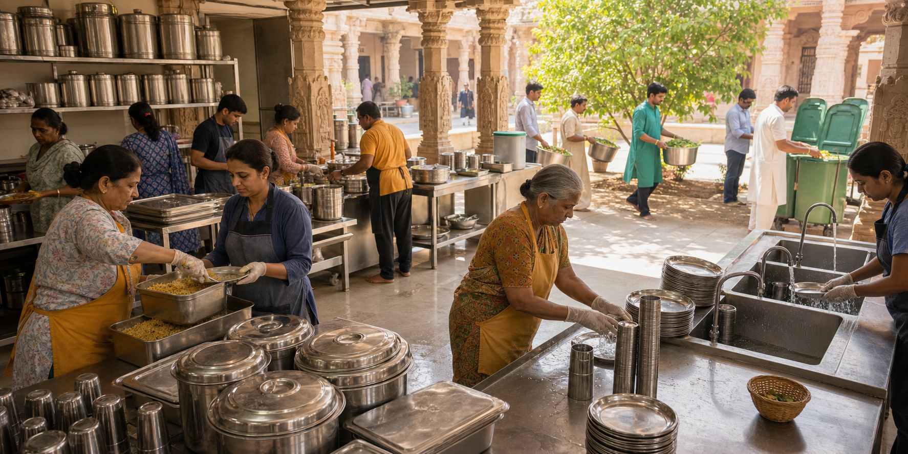 Volunteers in a temple community kitchen separate edible leftovers, compost vegetable scraps, and wash stacks of reusable steel plates and cups.