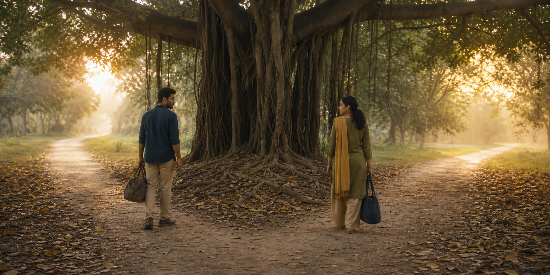 Two adult friends stand beneath an old banyan tree where a woodland path divides, each preparing to walk in a different direction.