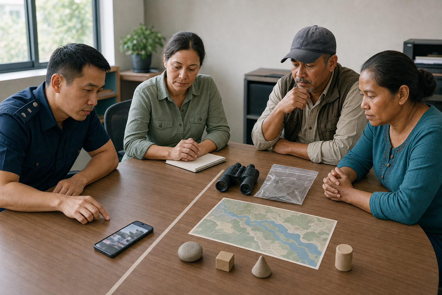 Officials and community representatives examine a phone, binoculars, an evidence pouch, and an unlabeled map while separating unverified material from verified observations.