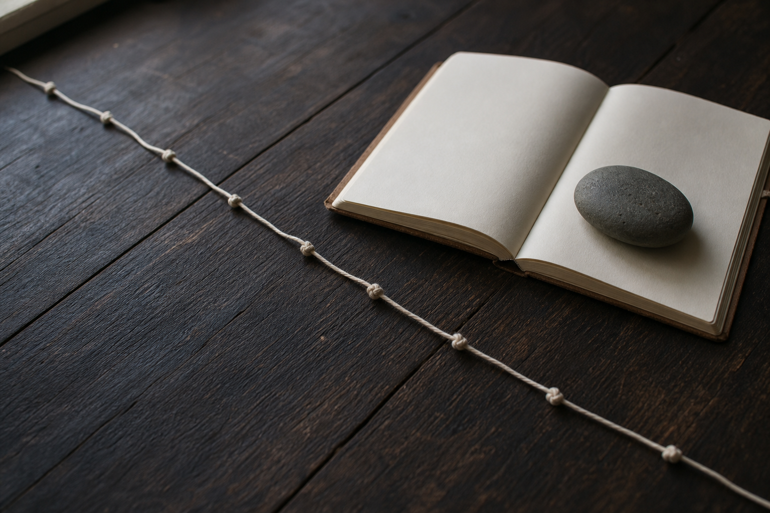 A long cotton thread with several small knots lies beside a blank open journal and a smooth stone on a wooden table.