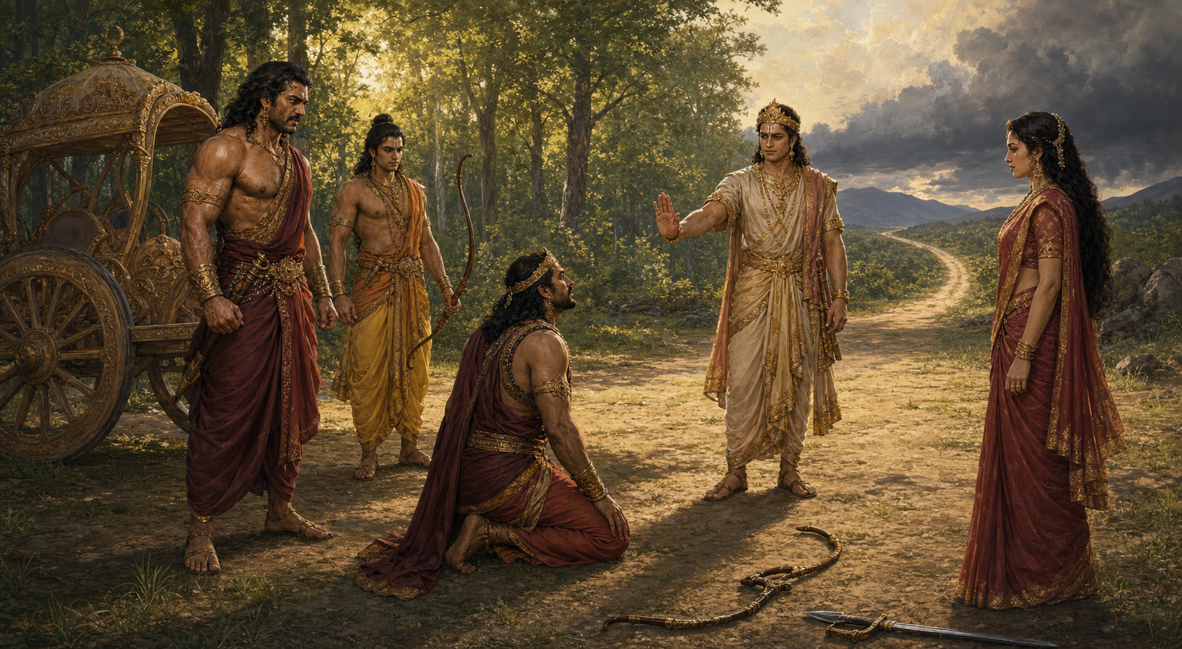 The disarmed Jayadratha kneels in a forest clearing as Yudhishthira halts Bhima and Draupadi watches.