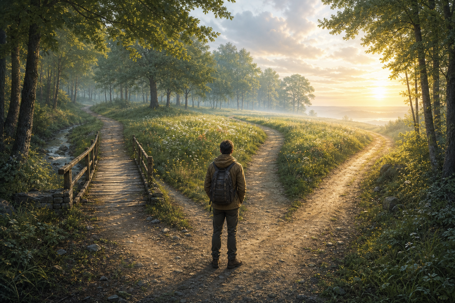 A traveler pauses where a woodland path divides into three routes, including a repaired bridge, a parallel meadow path, and a trail toward an open horizon.