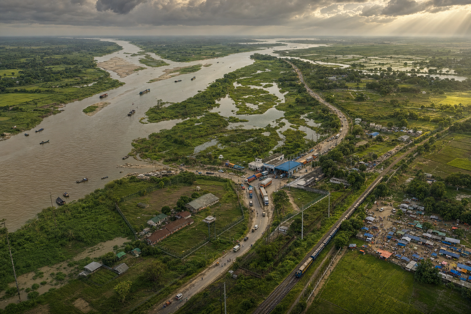 An aerial view shows a border landscape with a river, wetlands, farmland, villages, roads, railway tracks, boats, and an orderly land port.