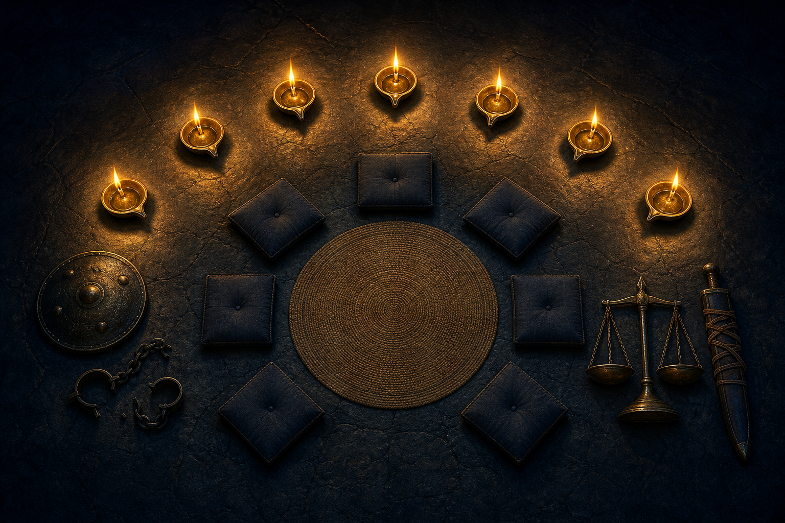 Seven lit brass lamps arc between a shield, an empty council circle, a balanced scale, and a bound sheathed sword.