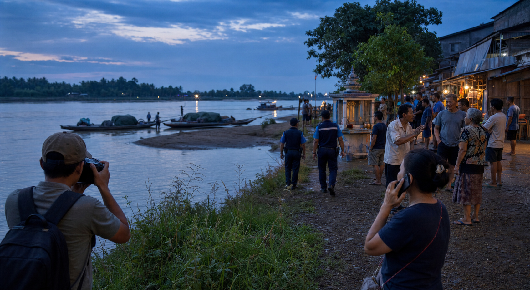 Residents document unfamiliar boats and contact authorities as a small crowd gathers and officers calmly approach a riverbank settlement at twilight.