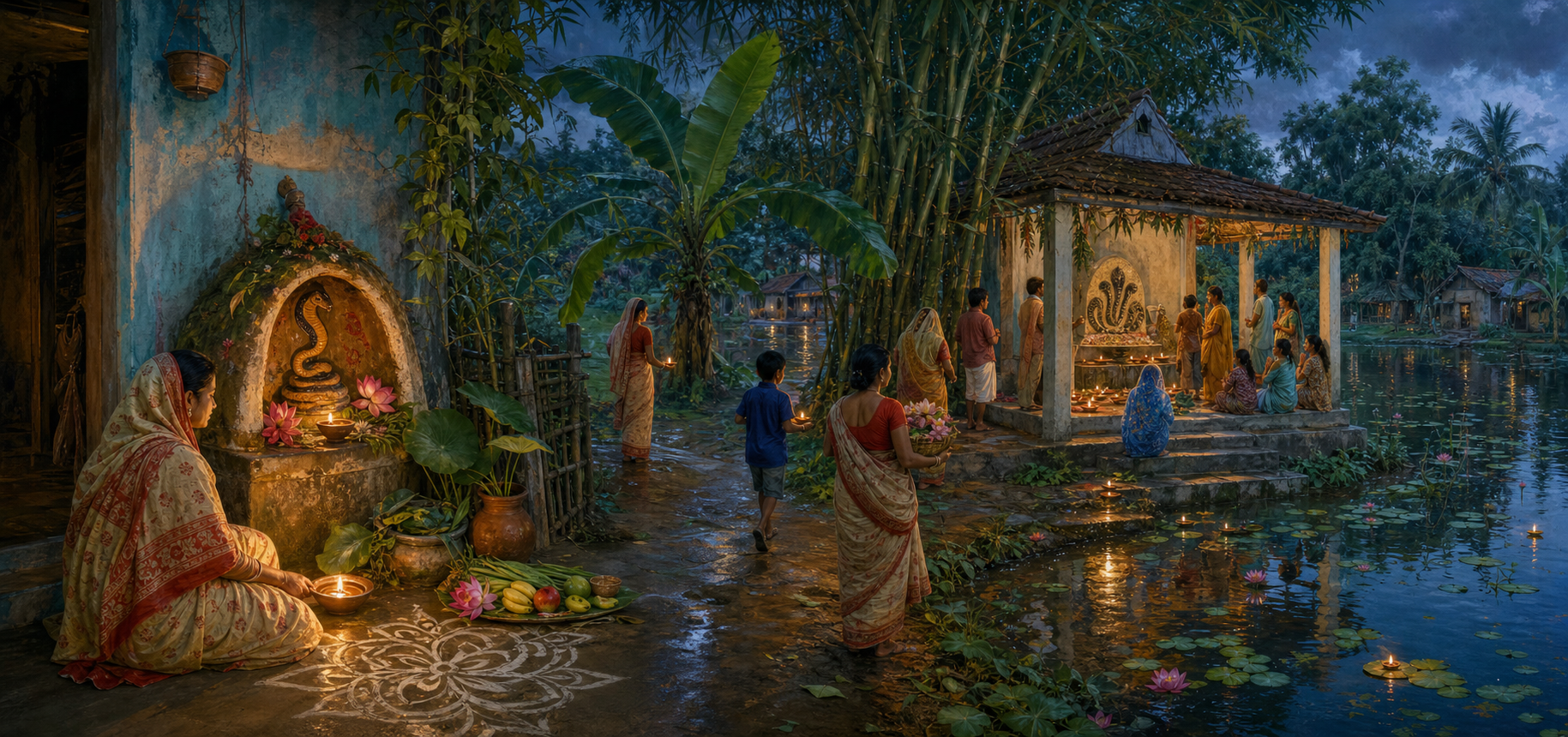 Household and community shrines use varied clay icons, flowers, lamps and serpent imagery in a monsoon village setting.