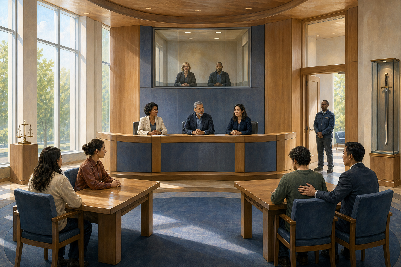 A supported complainant, an accused person with counsel, and a neutral review panel sit in a modern civic hearing room.