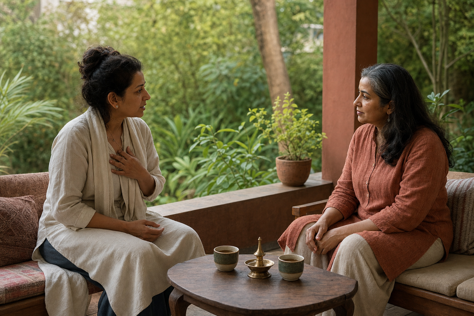 Two adult friends sit on a garden veranda having a calm conversation beside a small table with tea and an unlit brass lamp.