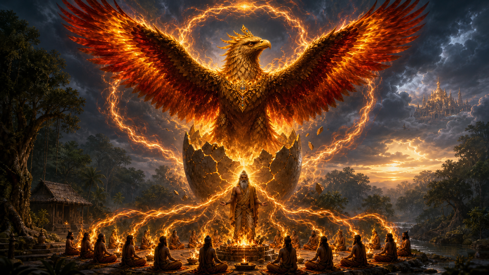 Newborn Garuda rises from a glowing cracked egg as fiery energy from meditating ascetics passes through Kashyapa and surrounds the great bird.