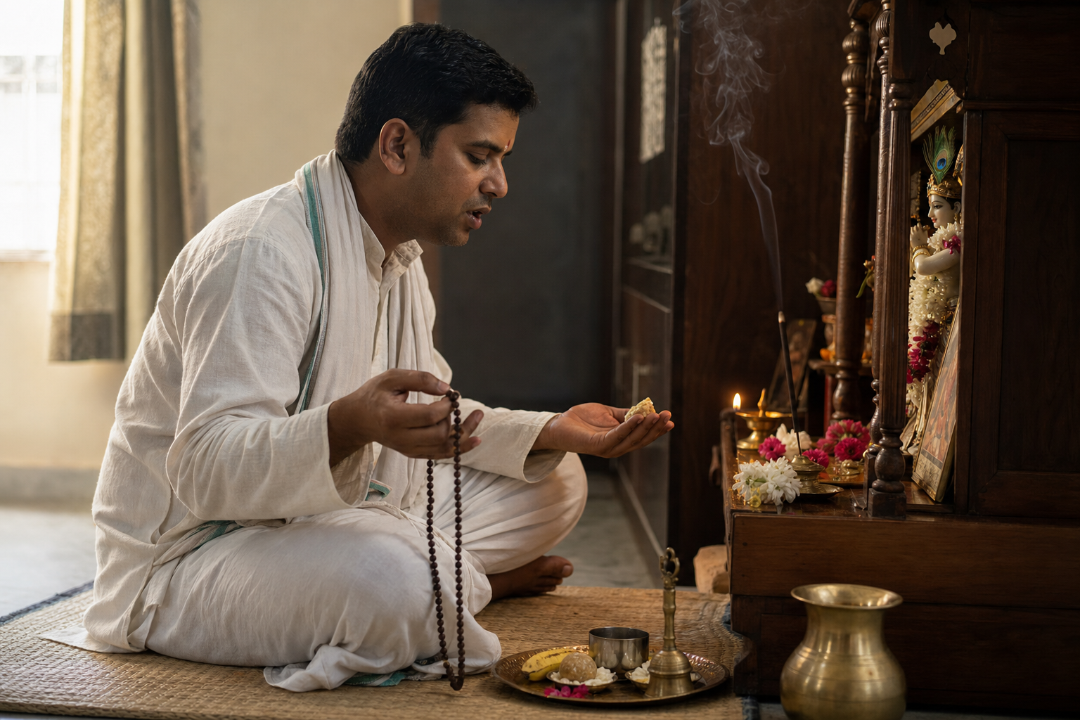 A seated devotee chants with prayer beads before a home shrine while receiving prasada beside a lamp, bell, flowers and incense.