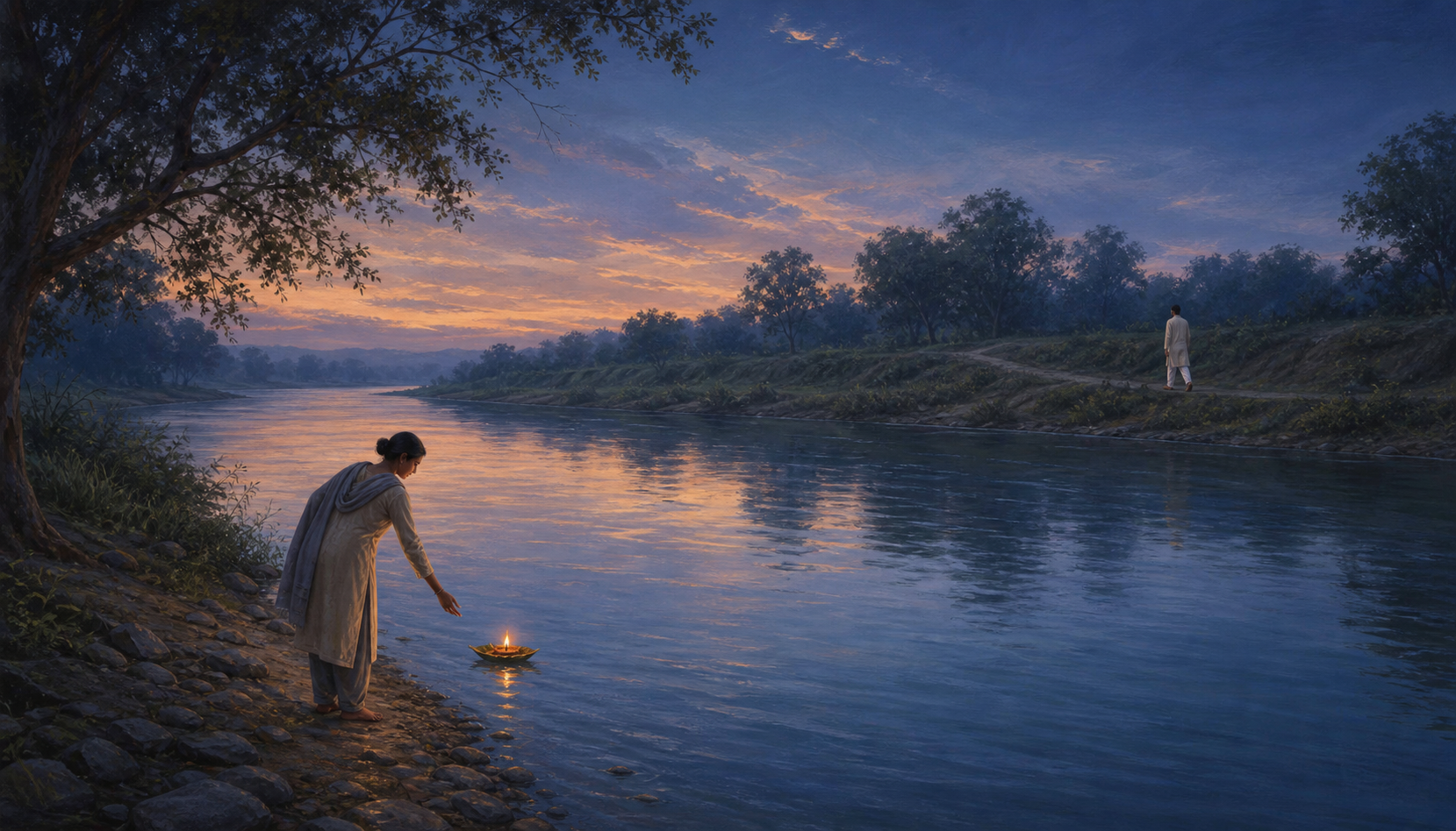 One person releases a small glowing clay lamp on a leaf into a river while another person walks along the opposite bank at twilight.