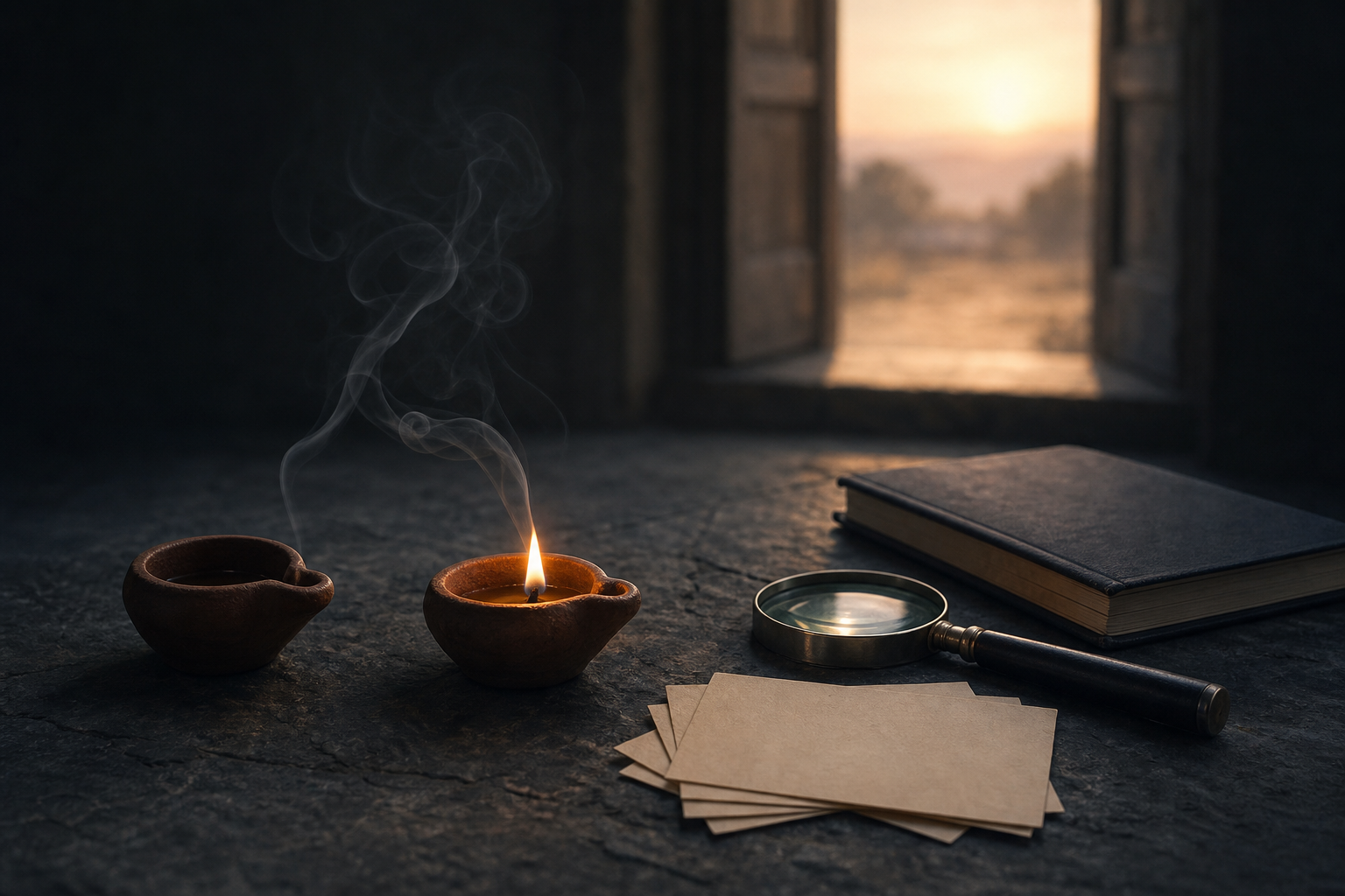 Two clay lamps, a magnifying lens, blank evidence cards and a closed notebook arranged near a doorway lit by dawn.