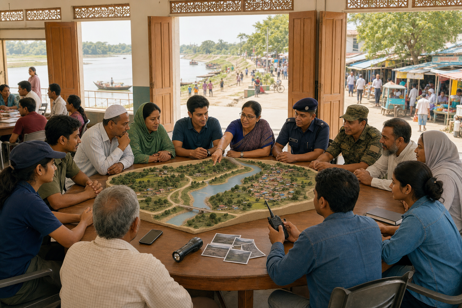Community members, traders, teachers, local officials, police, and border personnel discuss an unlabeled terrain model and emergency tools around a circular table.