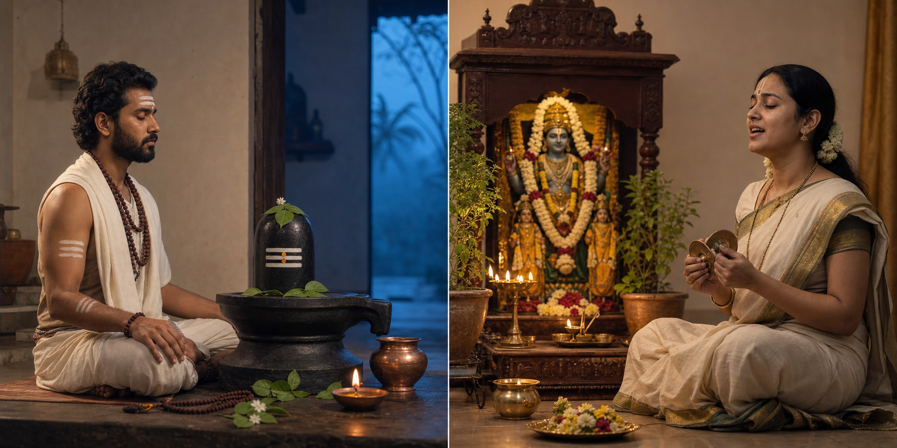A Shaiva practitioner meditates beside a Shiva linga while a Vaishnava practitioner sings before a flower-decorated Vishnu shrine in a parallel composition.