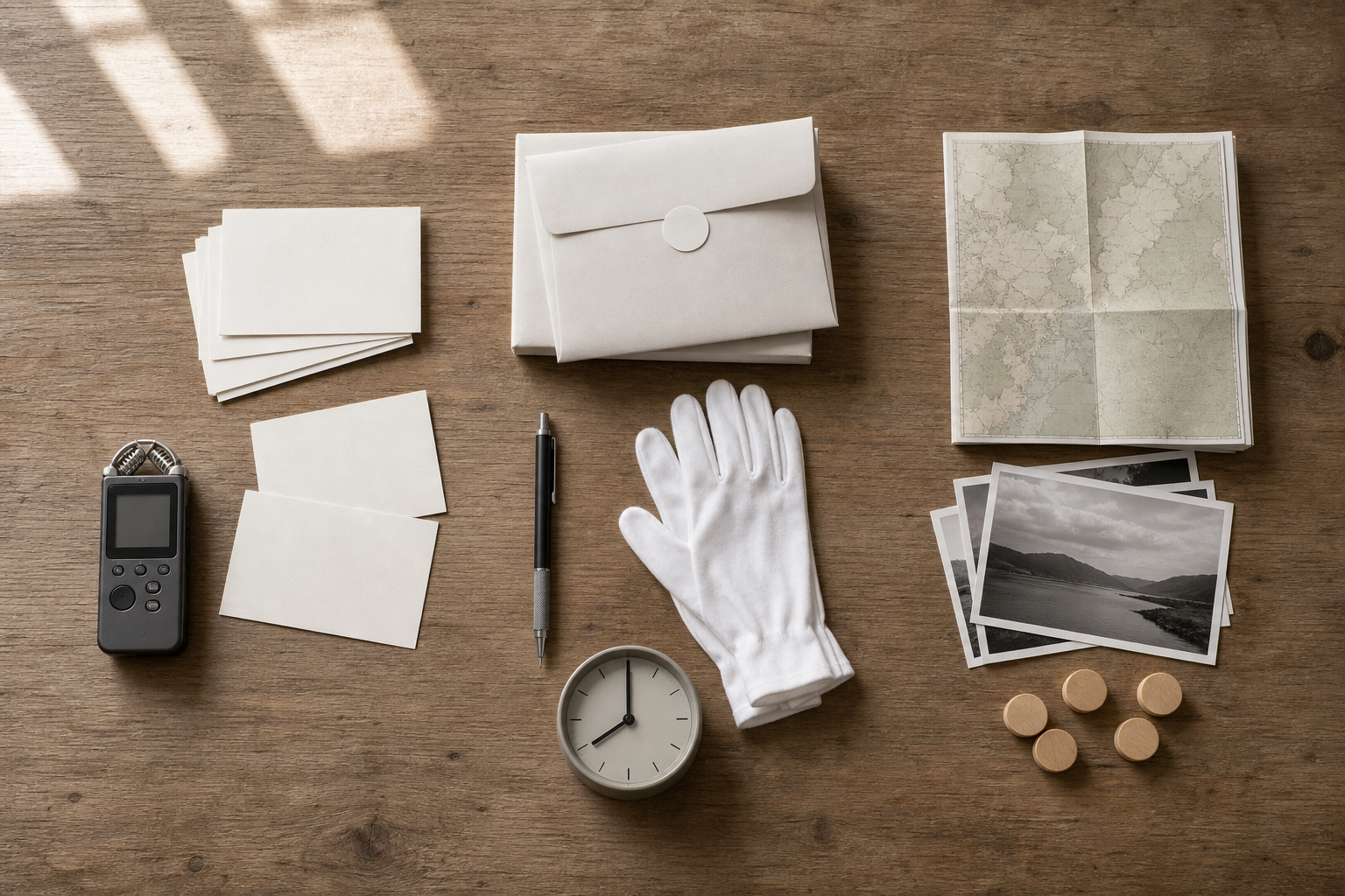 Blank interview cards, sealed envelopes, an audio recorder, an unlabeled map and anonymous photographs arranged in separate groups on a wooden table.